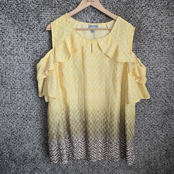 Catherines Top Womens Plus 1X Yellow Cold Shoulder Keyhole Neck Blouse Ladies - Picture 1 of 7